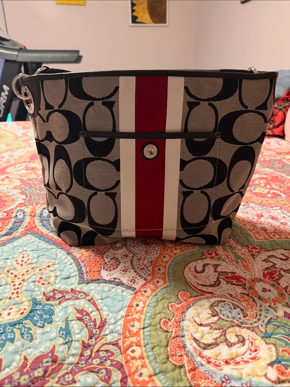 Coach Signature Canvas Shoulder Bag in Black, Cream and Red